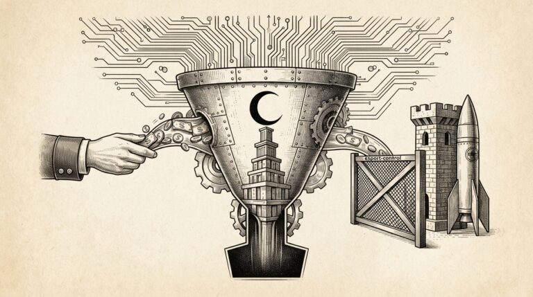 Monochrome editorial engraving of a crescent moon rising atop a capital funnel, with state hands feeding investment on one side and export-control barriers on the other, representing state-backed Chinese AI consolidation.