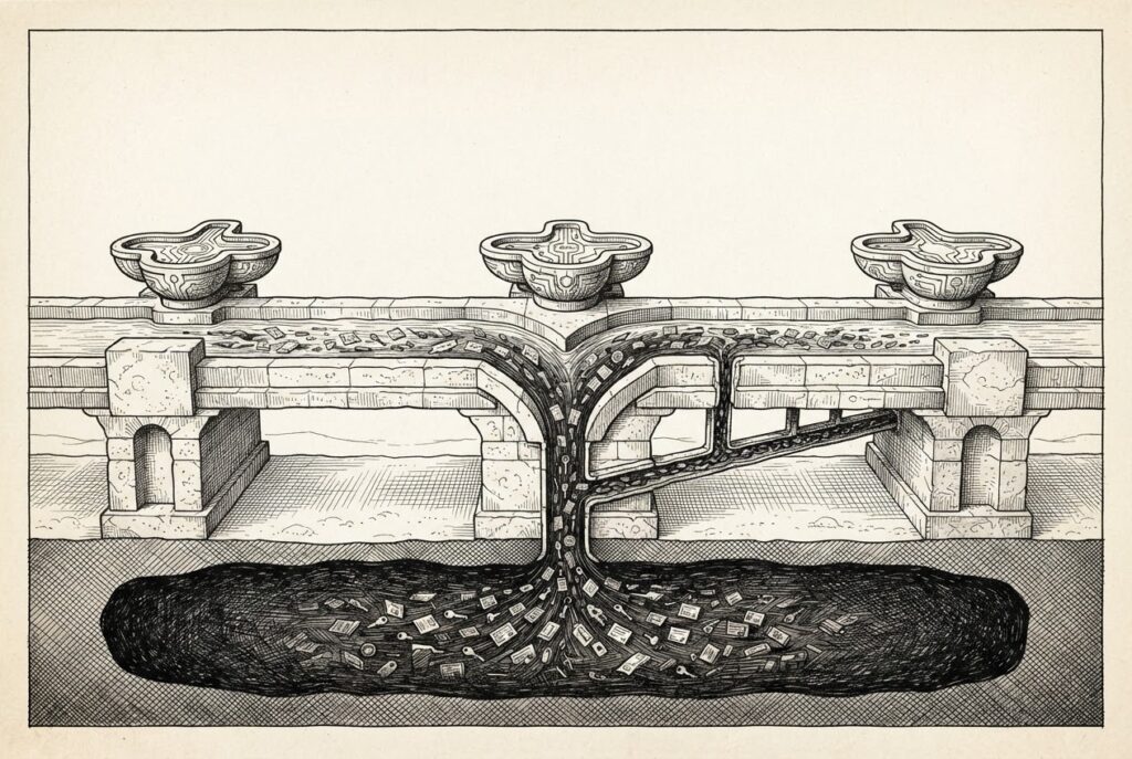 Cross-section of a stone aqueduct system where surface workflow flow is siphoned through hidden pipes into a dark underground credential reservoir. Editorial engraving on warm paper.