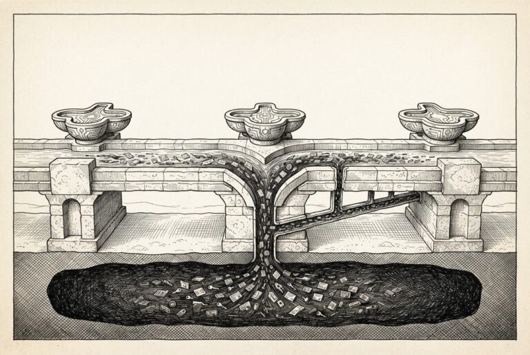 Cross-section of a stone aqueduct system where surface workflow flow is siphoned through hidden pipes into a dark underground credential reservoir. Editorial engraving on warm paper.