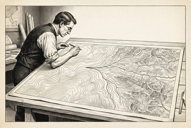 A cartographer meticulously drawing a map whose contour lines fork into a second set of counterfeit lines - the corruption is in the data layer, not the hand.