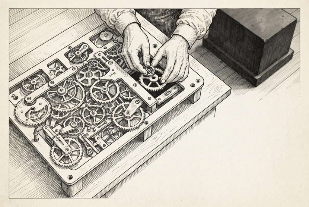 Precision clockwork mechanism with interchangeable gears being assembled by engineer's hands while a massive monolithic machine block sits unused — modular harness engineering outperforms brute-force model scaling