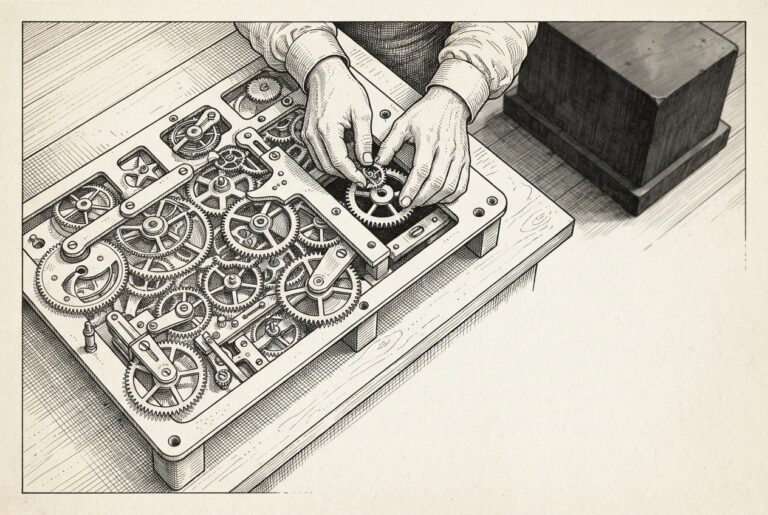 Precision clockwork mechanism with interchangeable gears being assembled by engineer's hands while a massive monolithic machine block sits unused — modular harness engineering outperforms brute-force model scaling