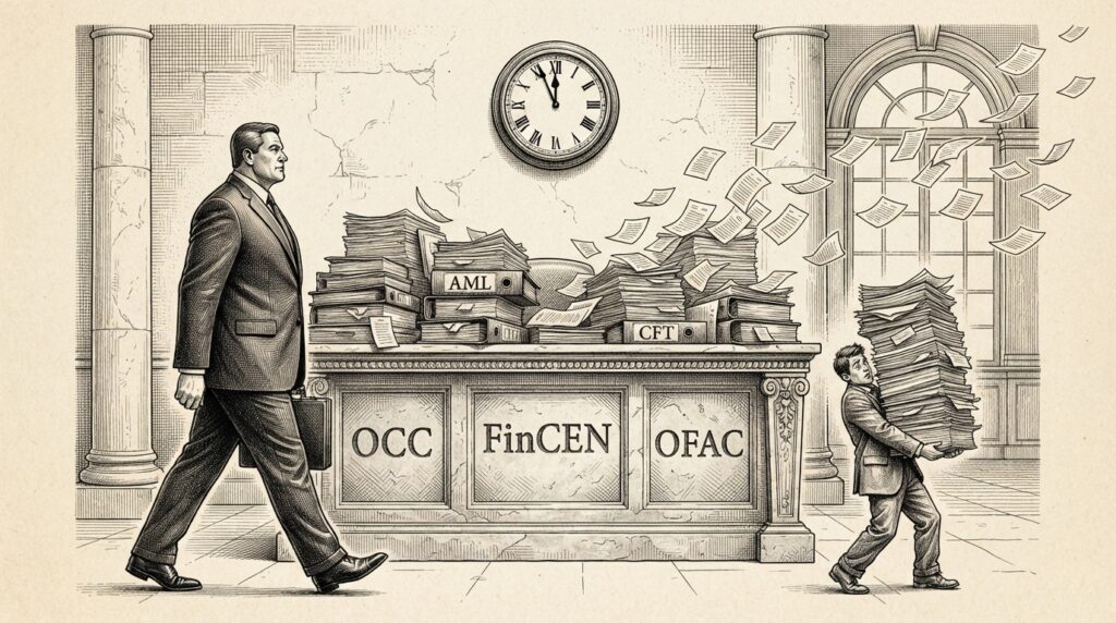 A monochrome editorial engraving of a heavy regulatory desk labeled OCC, FinCEN, OFAC, piled with paperwork, while a large institutional figure strides confidently past and a smaller mid-market issuer struggles under the weight of the same documents.