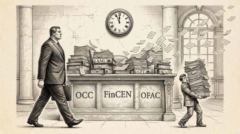 A monochrome editorial engraving of a heavy regulatory desk labeled OCC, FinCEN, OFAC, piled with paperwork, while a large institutional figure strides confidently past and a smaller mid-market issuer struggles under the weight of the same documents.