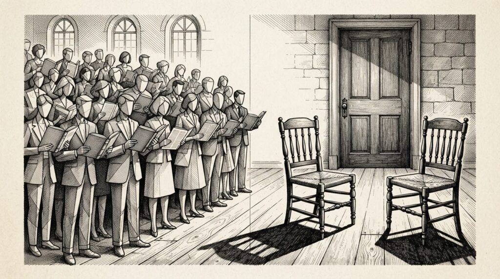 Monochrome editorial engraving of a divided assembly - 25+ figures on one side holding open documents, two conspicuous empty chairs on the other side with shadows from a closed door.