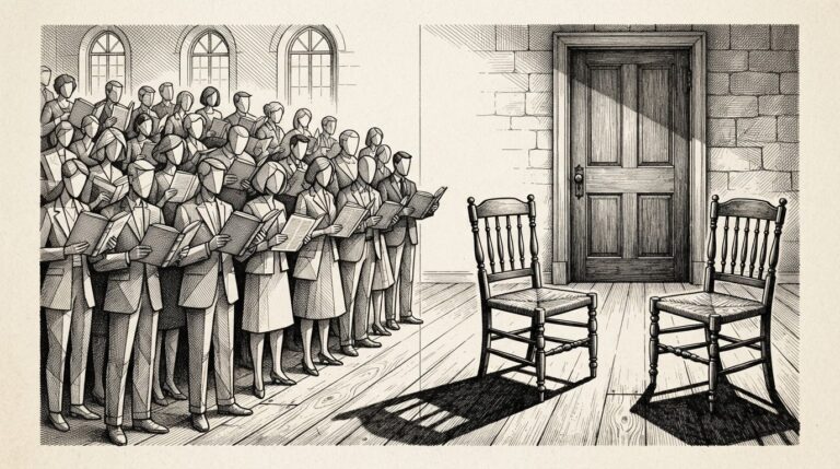 Monochrome editorial engraving of a divided assembly - 25+ figures on one side holding open documents, two conspicuous empty chairs on the other side with shadows from a closed door.