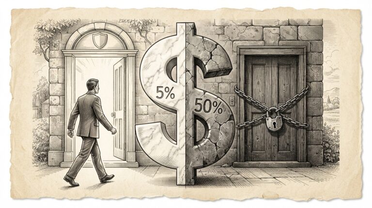 Pen-and-ink engraving of a split dollar sign - left half pristine marble marked 5% with an open sunlit doorway and shield emblem, right half cracked stone marked 50% with a padlocked chained door. A suited figure walks toward the open door.