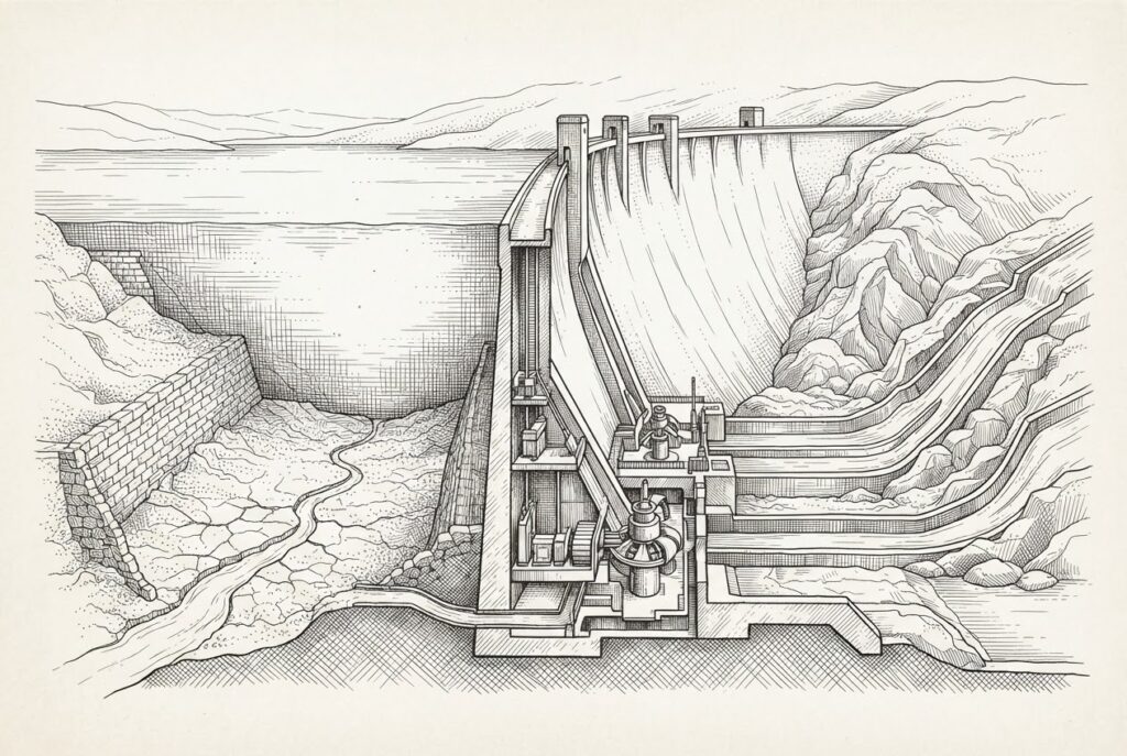 Hand-drawn editorial engraving of a monumental dam cross-section - elaborate gates, turbines, and spillways fully built, but the reservoir behind it nearly empty, only a thin trickle reaching the machinery. Cracked dry riverbed dominates the foreground. Conceptual illustration of infrastructure providers building massive commerce plumbing for volume that hasn't materialized.
