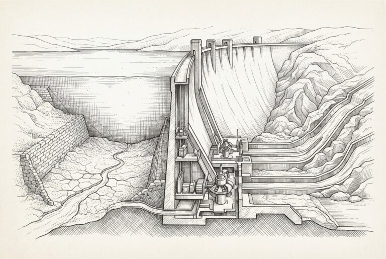 Hand-drawn editorial engraving of a monumental dam cross-section - elaborate gates, turbines, and spillways fully built, but the reservoir behind it nearly empty, only a thin trickle reaching the machinery. Cracked dry riverbed dominates the foreground. Conceptual illustration of infrastructure providers building massive commerce plumbing for volume that hasn't materialized.