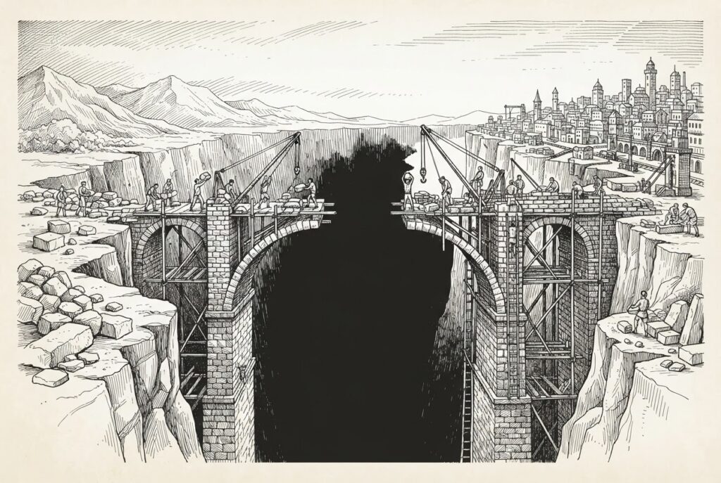 Bridge construction across a chasm between two cliffs - representing the human deployment gap between AI models and enterprise workflows