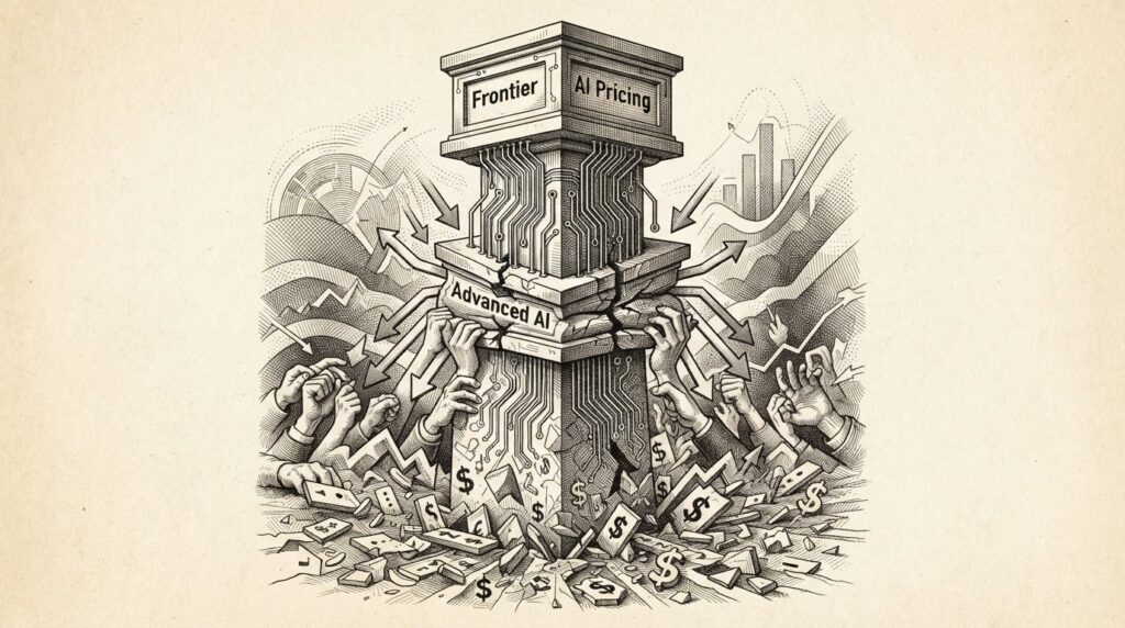 Monochrome editorial engraving of a pricing pillar with three tiers - the top tier (frontier) remains solid while the middle tier (utility) is compressed downward by competitive forces, representing OpenAI's defensive pricing strategy.