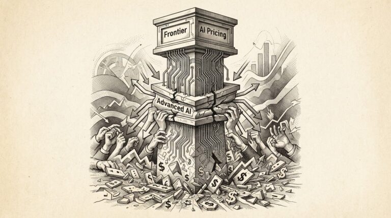 Monochrome editorial engraving of a pricing pillar with three tiers - the top tier (frontier) remains solid while the middle tier (utility) is compressed downward by competitive forces, representing OpenAI's defensive pricing strategy.