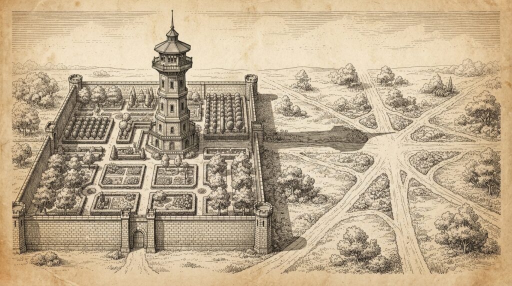 Ink illustration of a walled garden with a single control tower on the left casting a long shadow, contrasted with an open crossroads of converging paths on the right, depicting the tension between proprietary enterprise agent platforms and open interoperability standards.