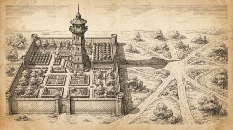Ink illustration of a walled garden with a single control tower on the left casting a long shadow, contrasted with an open crossroads of converging paths on the right, depicting the tension between proprietary enterprise agent platforms and open interoperability standards.