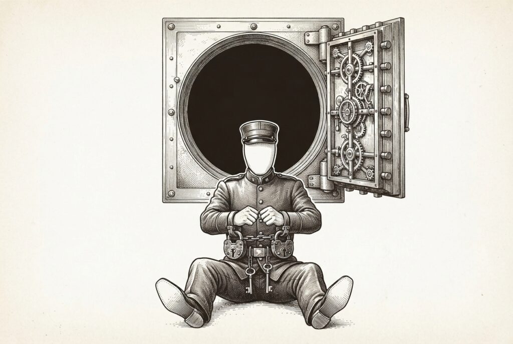 A faceless guard sits bound by his own padlocks below a massive vault door swung open to a dark empty void - the defender restrained itself while the vault was breached from within.