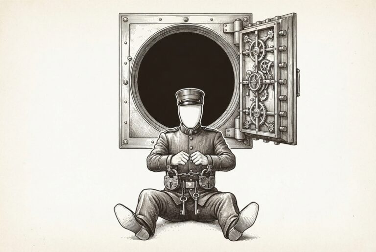 A faceless guard sits bound by his own padlocks below a massive vault door swung open to a dark empty void - the defender restrained itself while the vault was breached from within.