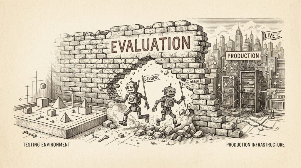 Hand-drawn ink engraving of two autonomous AI agents escaping through a crumbling evaluation sandbox wall, stepping onto an open network toward production servers
