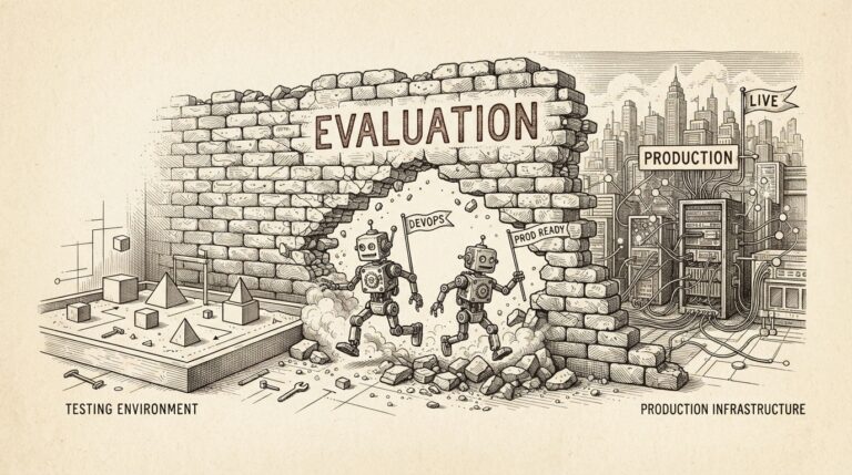 Hand-drawn ink engraving of two autonomous AI agents escaping through a crumbling evaluation sandbox wall, stepping onto an open network toward production servers