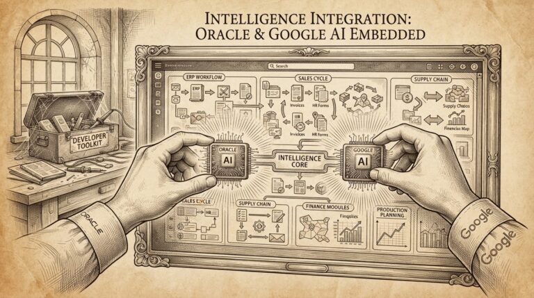 Monochrome editorial engraving of an enterprise dashboard with two hands (Oracle, Google sleeves) plugging AI modules directly into the application interface, while a developer toolkit sits unused in the background.