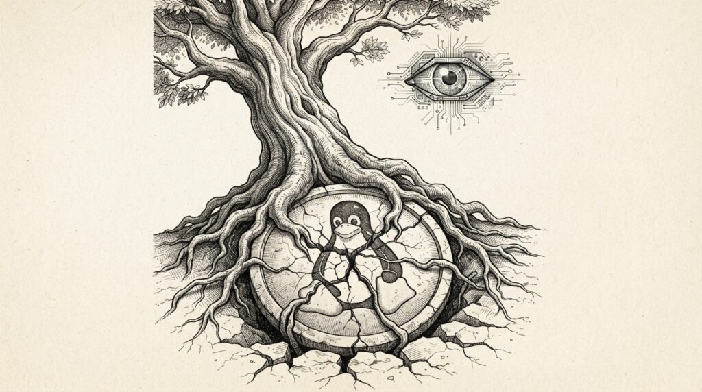 Hand-drawn ink engraving of an ancient tree with roots cracking through a Linux kernel shield, with an AI circuit-eye watching from above