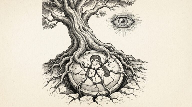 Hand-drawn ink engraving of an ancient tree with roots cracking through a Linux kernel shield, with an AI circuit-eye watching from above
