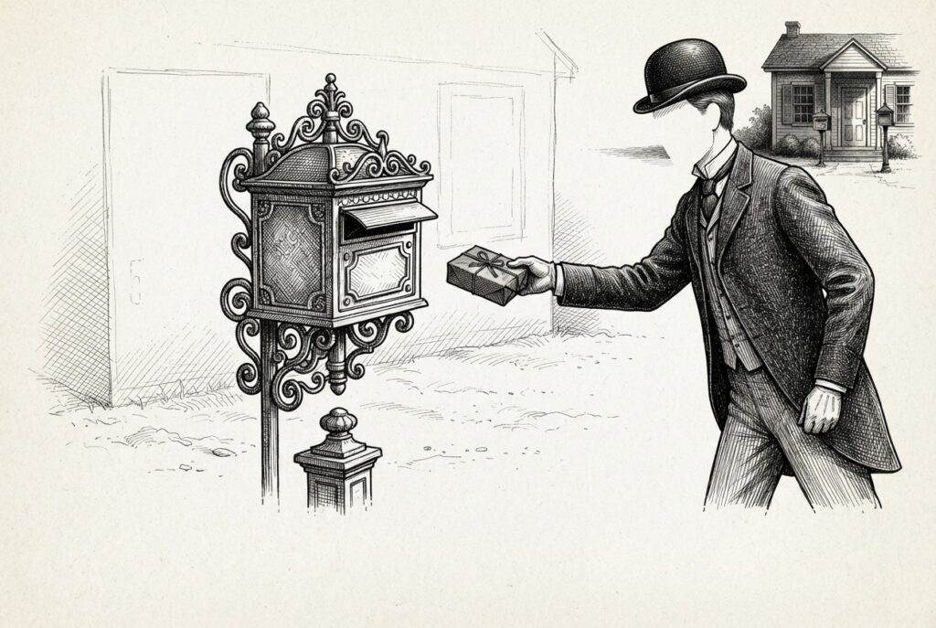 Faceless clerk delivering a parcel to an ornate freestanding letterbox with no building behind it — phantom address planted by attacker exploiting agent mis-delivery