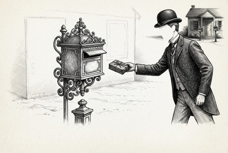 Faceless clerk delivering a parcel to an ornate freestanding letterbox with no building behind it — phantom address planted by attacker exploiting agent mis-delivery