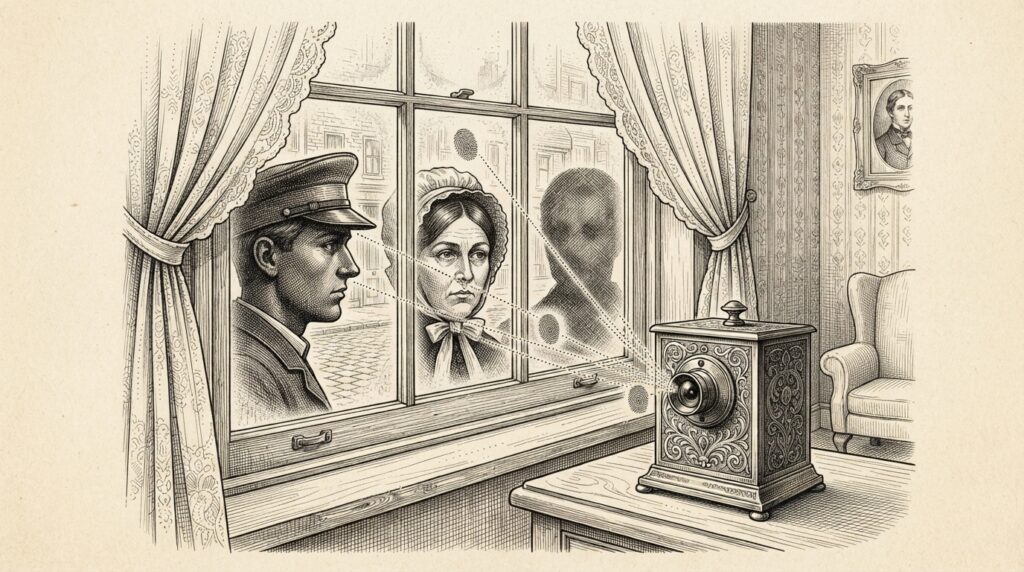 Ink engraving of a Victorian parlor window with three face silhouettes pressed against the glass, dotted scan lines connecting each face to fingerprint whorls emanating from a doorbell camera on the inside sill - biometric surveillance through domestic consumer hardware