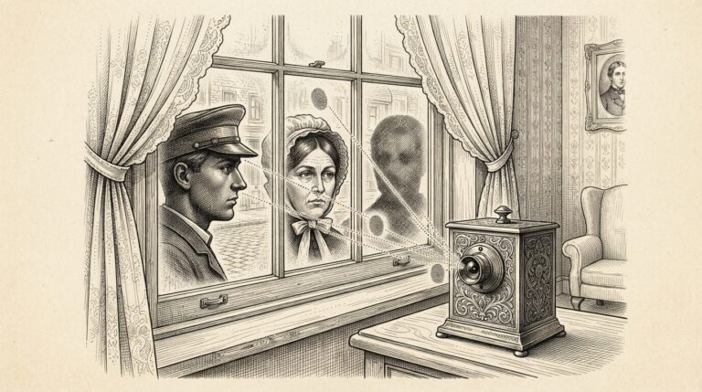 Ink engraving of a Victorian parlor window with three face silhouettes pressed against the glass, dotted scan lines connecting each face to fingerprint whorls emanating from a doorbell camera on the inside sill - biometric surveillance through domestic consumer hardware