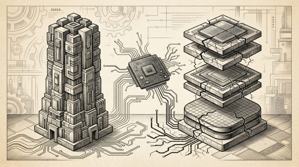 Monochrome editorial engraving depicting two competing foundry structures - TSMC's pure-play tower and Samsung's vertically integrated three-layer stack - competing to manufacture a central AI ASIC chip, connected by circuit-board traces.