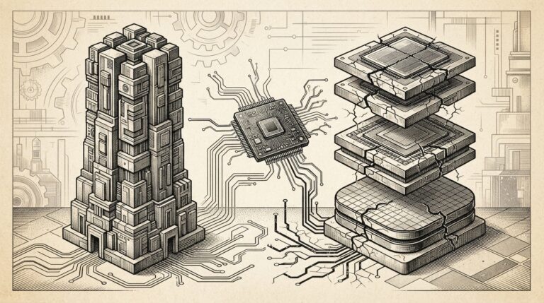 Monochrome editorial engraving depicting two competing foundry structures - TSMC's pure-play tower and Samsung's vertically integrated three-layer stack - competing to manufacture a central AI ASIC chip, connected by circuit-board traces.