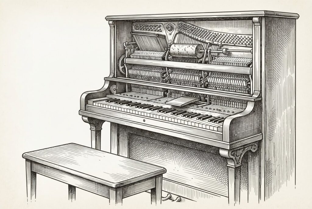 Player piano with exposed internal mechanism and empty bench, illustrating Samsung's hardware running Google's autonomous AI intelligence