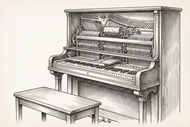 Player piano with exposed internal mechanism and empty bench, illustrating Samsung's hardware running Google's autonomous AI intelligence