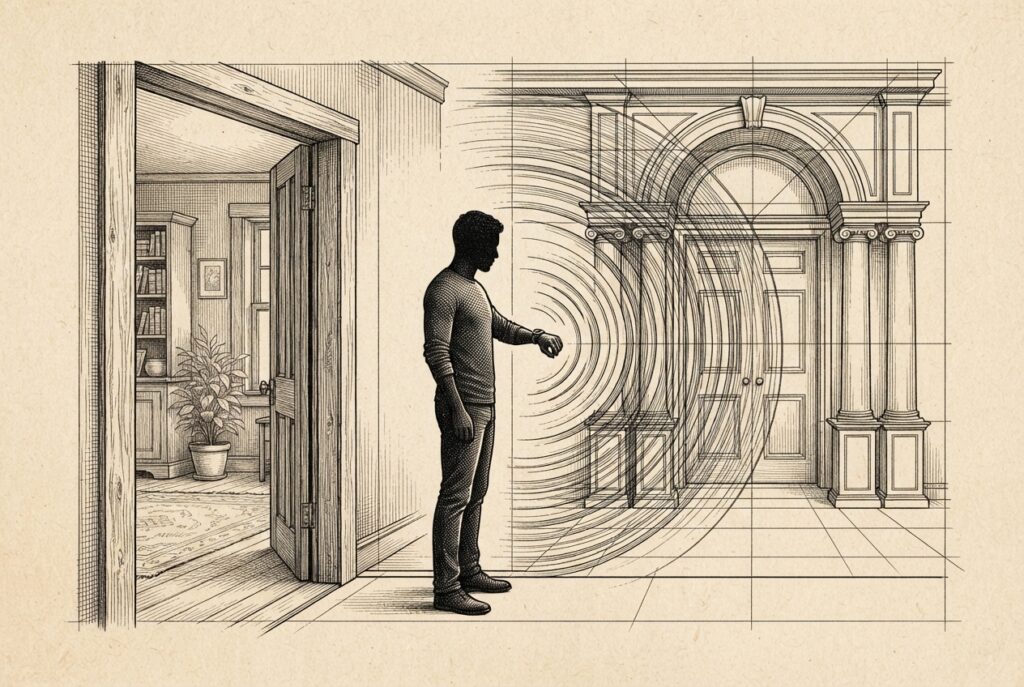 Silhouetted figure at architectural threshold - wrist-worn device emitting signal arcs that cross from domestic interior into formal institutional columns and gridlines, illustrating health data crossing from personal body into clinical healthcare system