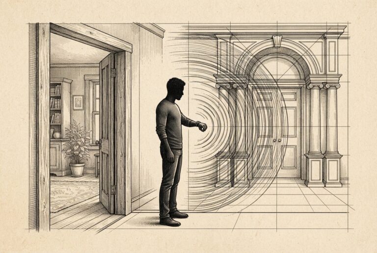 Silhouetted figure at architectural threshold - wrist-worn device emitting signal arcs that cross from domestic interior into formal institutional columns and gridlines, illustrating health data crossing from personal body into clinical healthcare system