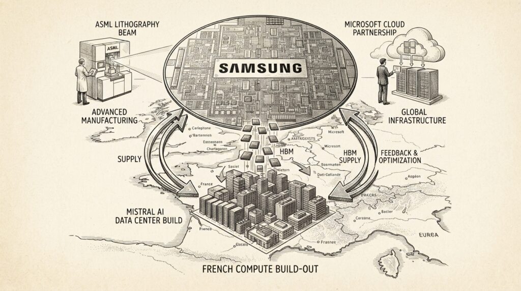 Monochrome pen-and-ink engraving of a semiconductor wafer hovering over a European map, with streams of HBM memory chips flowing bidirectionally between Samsung and a French data center complex representing Mistral's compute buildout.