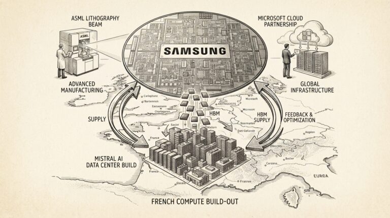Monochrome pen-and-ink engraving of a semiconductor wafer hovering over a European map, with streams of HBM memory chips flowing bidirectionally between Samsung and a French data center complex representing Mistral's compute buildout.