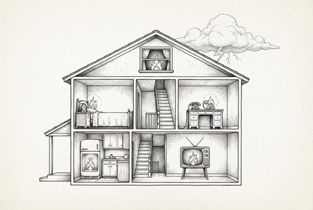A cross-section of a home with flames rendered in black ink inside domestic devices - fridge, TV, clock, telephone - in each room, while a cloud with lightning sits optional above the roofline.