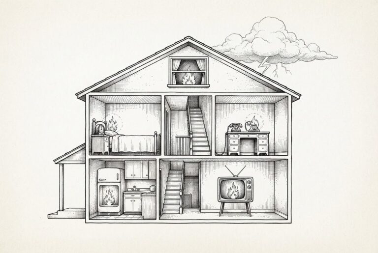 A cross-section of a home with flames rendered in black ink inside domestic devices - fridge, TV, clock, telephone - in each room, while a cloud with lightning sits optional above the roofline.