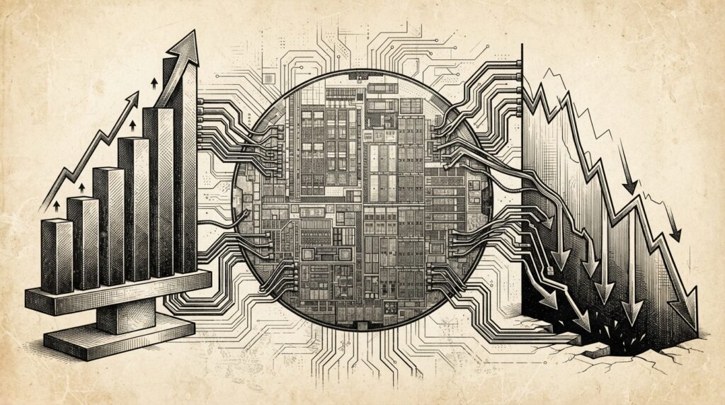 Monochrome editorial engraving of a memory wafer flanked by opposing financial forces - rising record profits on one side, falling stock chart on the other - connected by circuit-board traces, representing the supply-demand paradox.