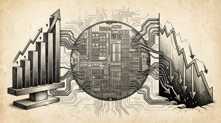 Monochrome editorial engraving of a memory wafer flanked by opposing financial forces - rising record profits on one side, falling stock chart on the other - connected by circuit-board traces, representing the supply-demand paradox.