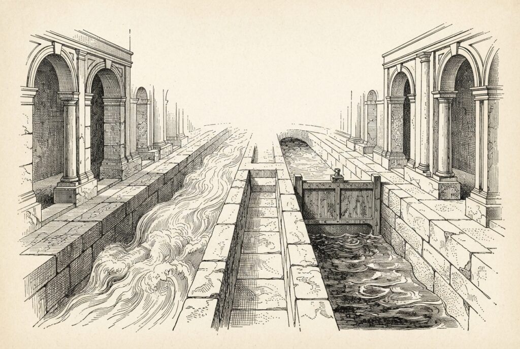 Two parallel carved channels through a stone institutional landscape - one flowing freely with visible current, one blocked by a sealed sluice gate with substance pooling behind it. Monochrome pen-and-ink engraving on warm paper.