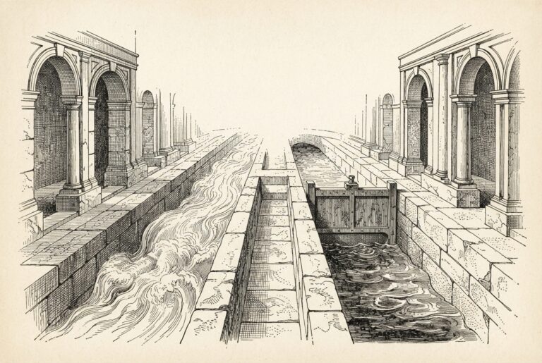 Two parallel carved channels through a stone institutional landscape - one flowing freely with visible current, one blocked by a sealed sluice gate with substance pooling behind it. Monochrome pen-and-ink engraving on warm paper.