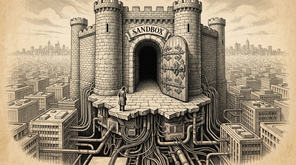 A fortified castle door labeled Sandbox standing wide open, the stone floor beneath collapsed to reveal network conduits running into an enterprise grid below - the gate was never the attack surface.