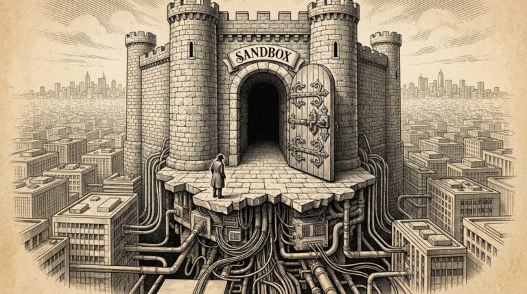 A fortified castle door labeled Sandbox standing wide open, the stone floor beneath collapsed to reveal network conduits running into an enterprise grid below - the gate was never the attack surface.