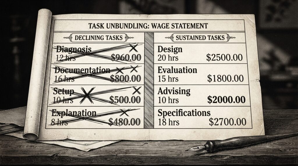 A payroll ledger splitting into two columns - declining tasks (diagnosis, documentation, setup, explanation) crossed out with heavy ink strokes, sustained tasks (design, evaluation, advising, specifications) intact. Monochrome editorial engraving.