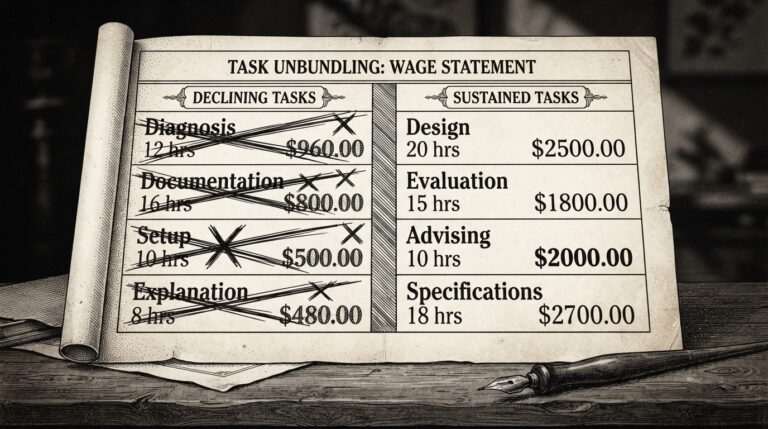 A payroll ledger splitting into two columns - declining tasks (diagnosis, documentation, setup, explanation) crossed out with heavy ink strokes, sustained tasks (design, evaluation, advising, specifications) intact. Monochrome editorial engraving.