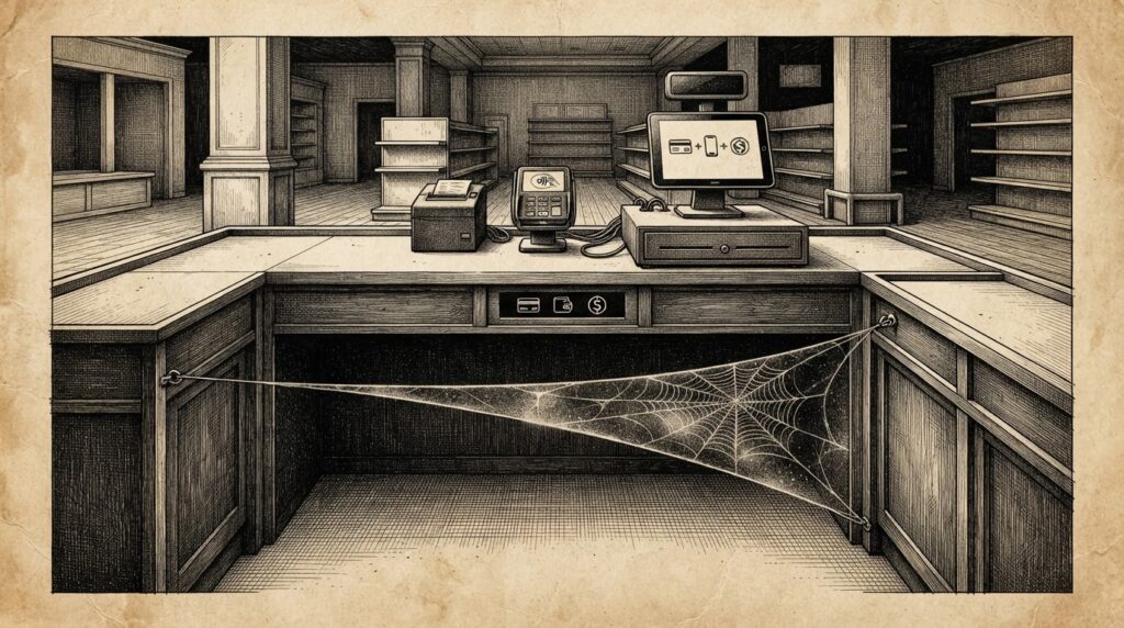A sleek merchant's checkout counter fully equipped with payment terminals and digital displays, but the customer space is empty with a cobweb stretching across it - every payment rail ready, nobody spending.