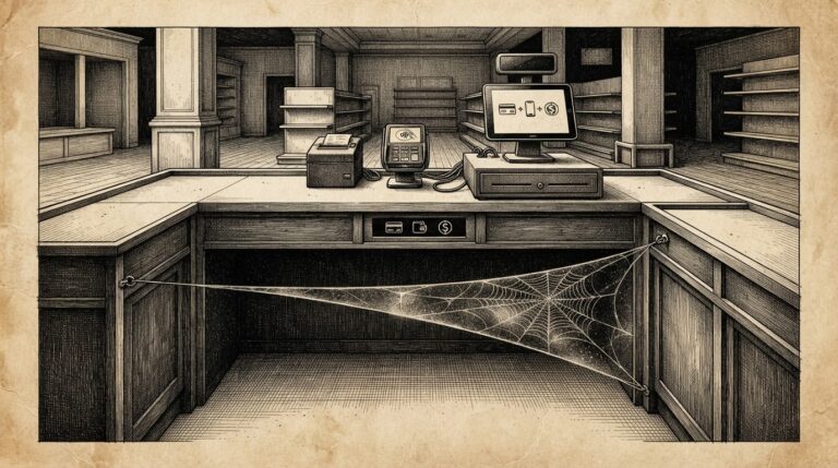 A sleek merchant's checkout counter fully equipped with payment terminals and digital displays, but the customer space is empty with a cobweb stretching across it - every payment rail ready, nobody spending.