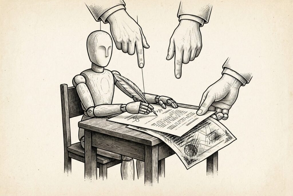 Wooden marionette signing a contract while puppeteer swaps the document — agent knew, user didn't, CWE-451 ghost approval vulnerability